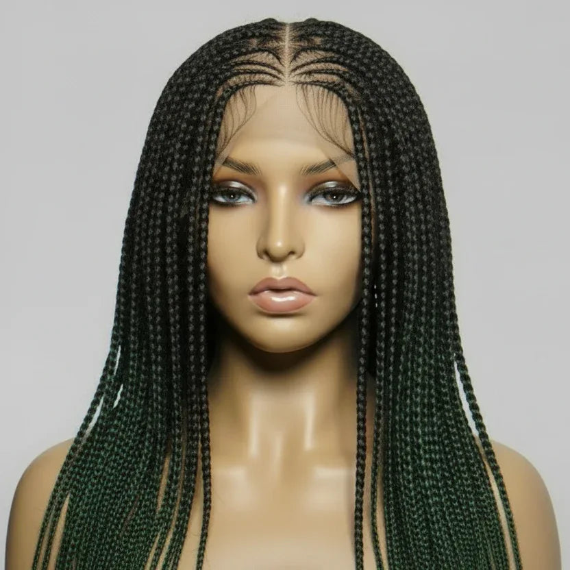 Black and Green Knotless Box Braids. Handmade Braided Wig. Full Lace Baby Hair - EC Braided Wigs