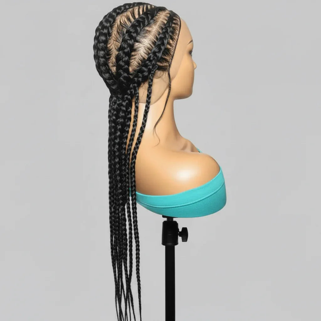 Black Braided Wig: Large Cornrow Braids, Full Lace with Baby Hair - EC Braided Wigs