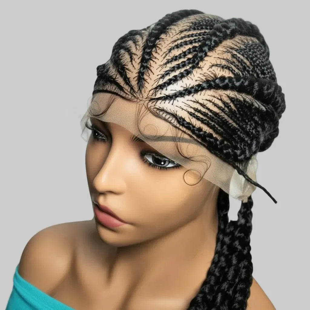 Black Braided Wig: Large Cornrow Braids, Full Lace with Baby Hair - EC Braided Wigs