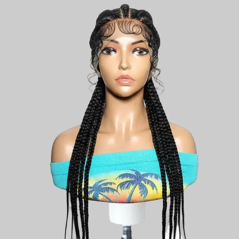 Jumbo Braids. Black Cornrow Braided Wig. Full Lace with Baby Hair - EC Braided Wigs