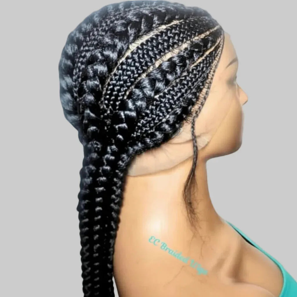 Jumbo Braids. Black Cornrow Braided Wig. Full Lace with Baby Hair - EC Braided Wigs