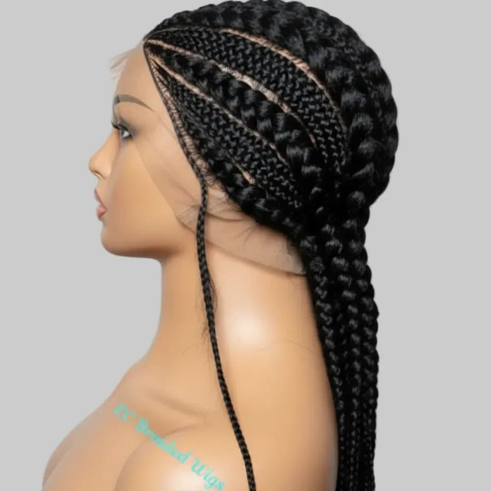 Jumbo Braids. Black Cornrow Braided Wig. Full Lace with Baby Hair - EC Braided Wigs