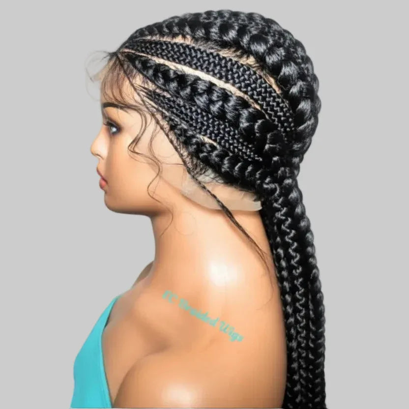 Jumbo Braids. Black Cornrow Braided Wig. Full Lace with Baby Hair - EC Braided Wigs
