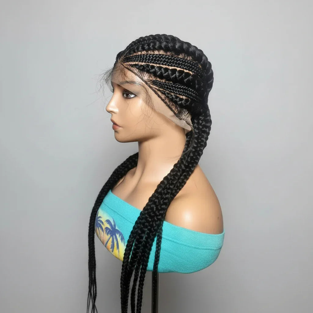 Jumbo Braids. Black Cornrow Braided Wig. Full Lace with Baby Hair - EC Braided Wigs