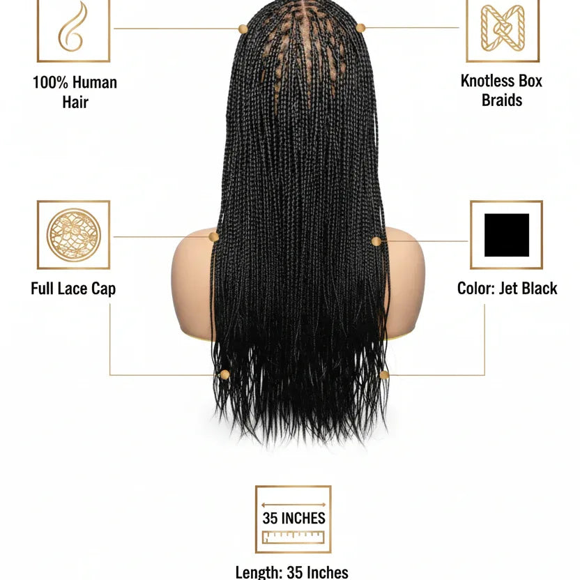 Human Hair Braided Wigs. 35” Knotless Box Braids. Full Lace Baby Hair - EC Braided Wigs