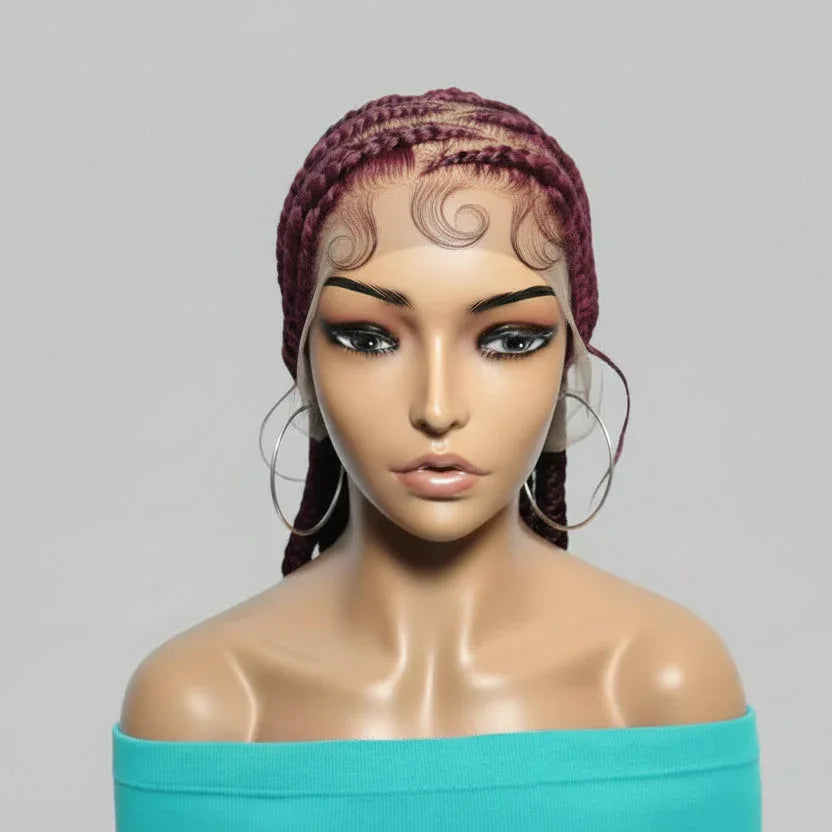 Red Braided Wig. Burgundy Cornrow Braids with Wrapped Ends. Full Lace Baby Hair. - EC Braided Wigs