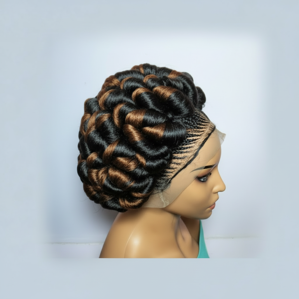 Braided Wig. Jumbo Twist Braids Puff Knots. Full Lace with Baby Hair. Bun Braid
