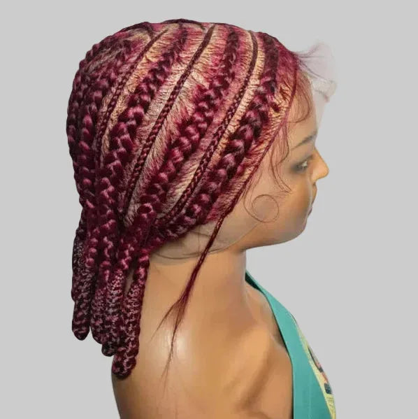 Red Braided Wig. Burgundy Cornrow Braids with Wrapped Ends. Full Lace Baby Hair. - EC Braided Wigs