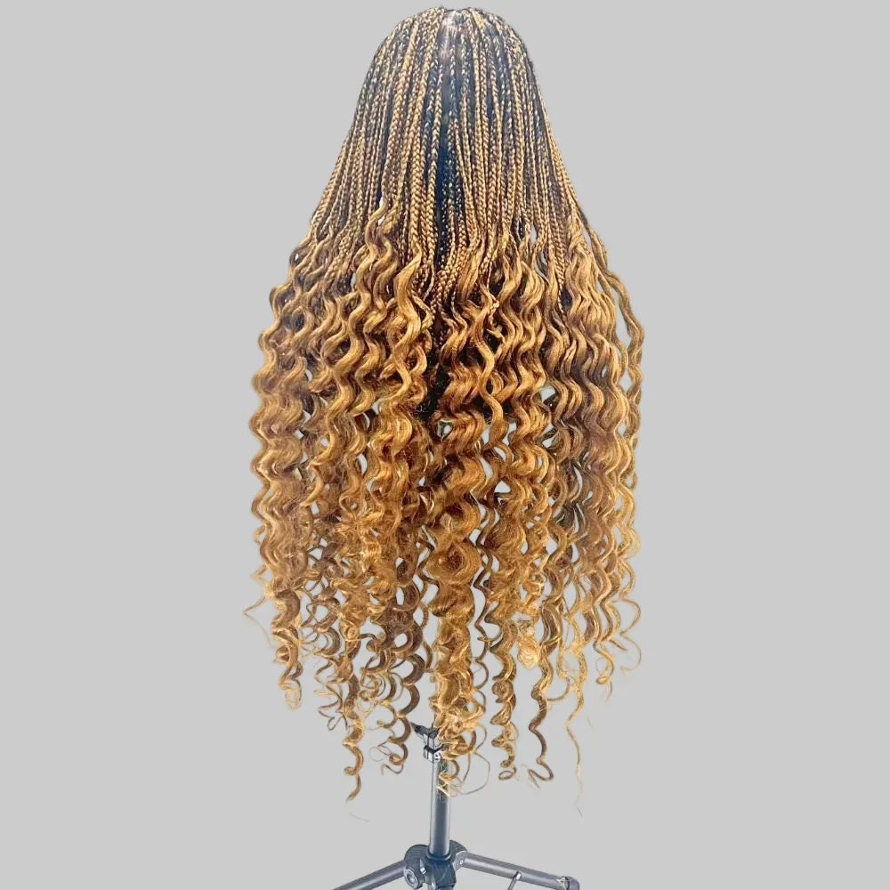 Knotless Box Braids Braided Wig, with Deep Waves Curls. Full Lace Baby Hair - EC Braided Wigs