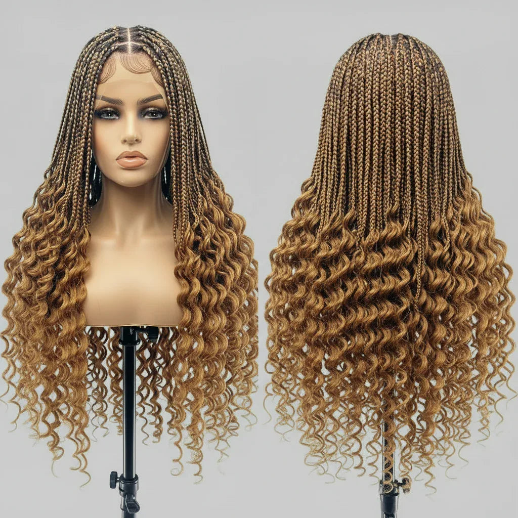 Knotless Box Braids Braided Wig, with Deep Waves Curls. Full Lace Baby Hair - EC Braided Wigs