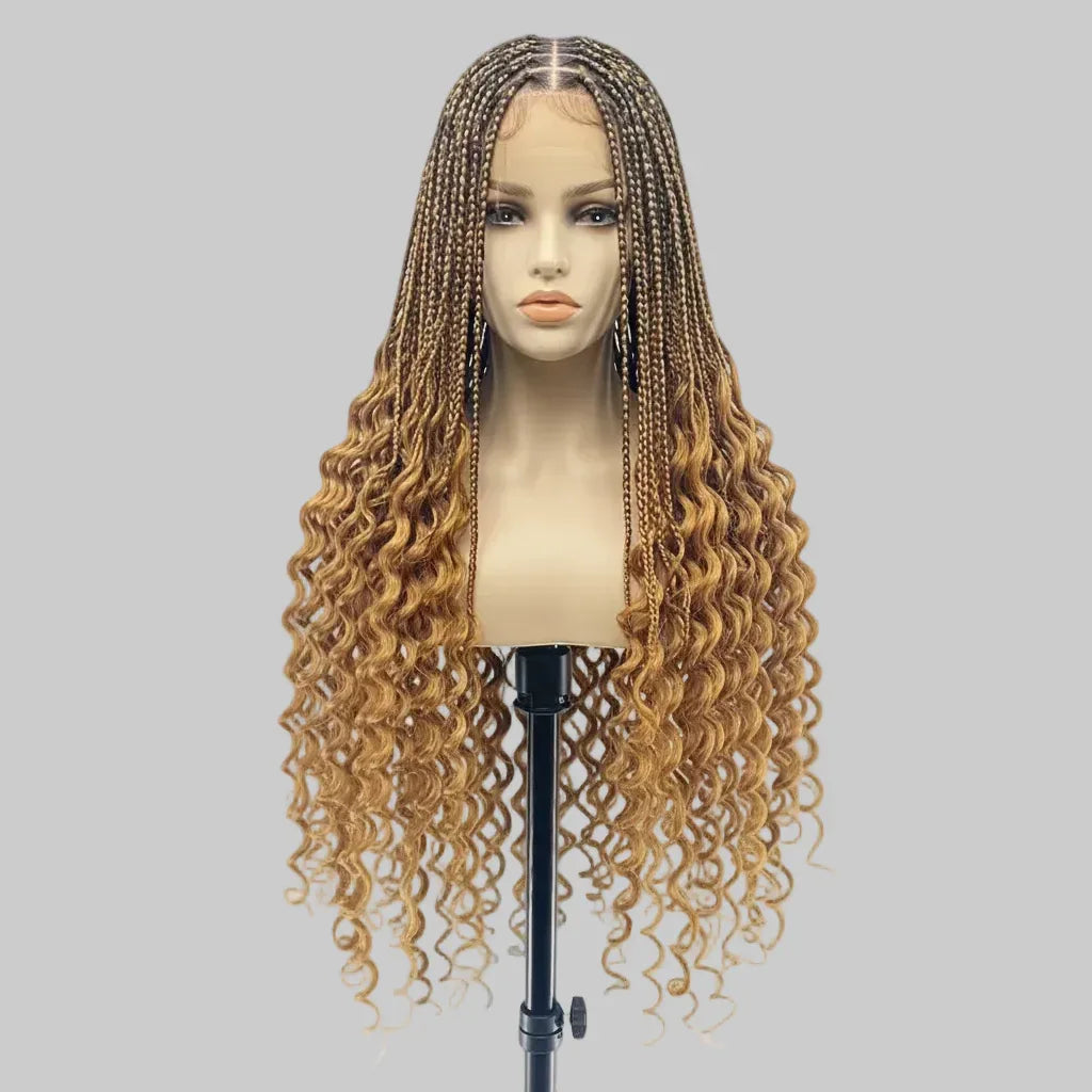 Knotless Box Braids Braided Wig, with Deep Waves Curls. Full Lace Baby Hair - EC Braided Wigs