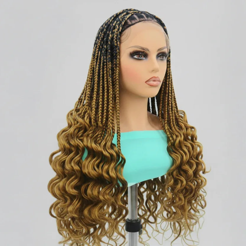 Knotless Box Braids Braided Wig, with Deep Waves Curls. Full Lace Baby Hair - EC Braided Wigs
