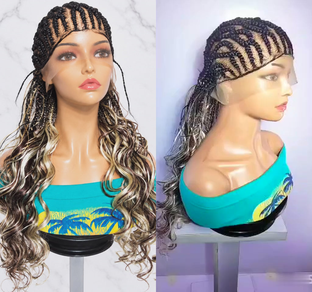 Black Cornrow and Loose Curly Ends, with Silver and Blonde Strands.